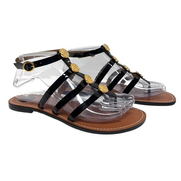 Tory Burch Alexis Women’s Patent Black & Gold Sandals Size-7 EUC - Picture 3 of 11